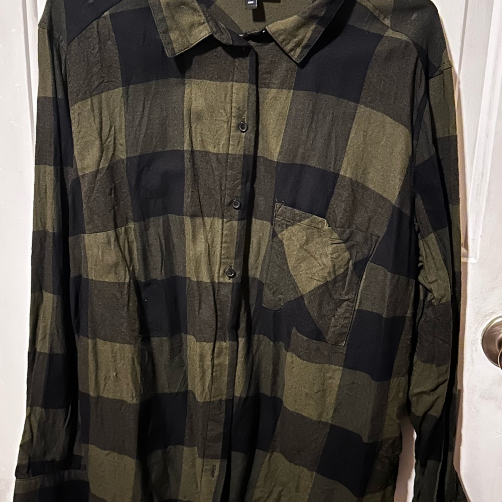 Black and Olive Plaid Button-Up Shirt
